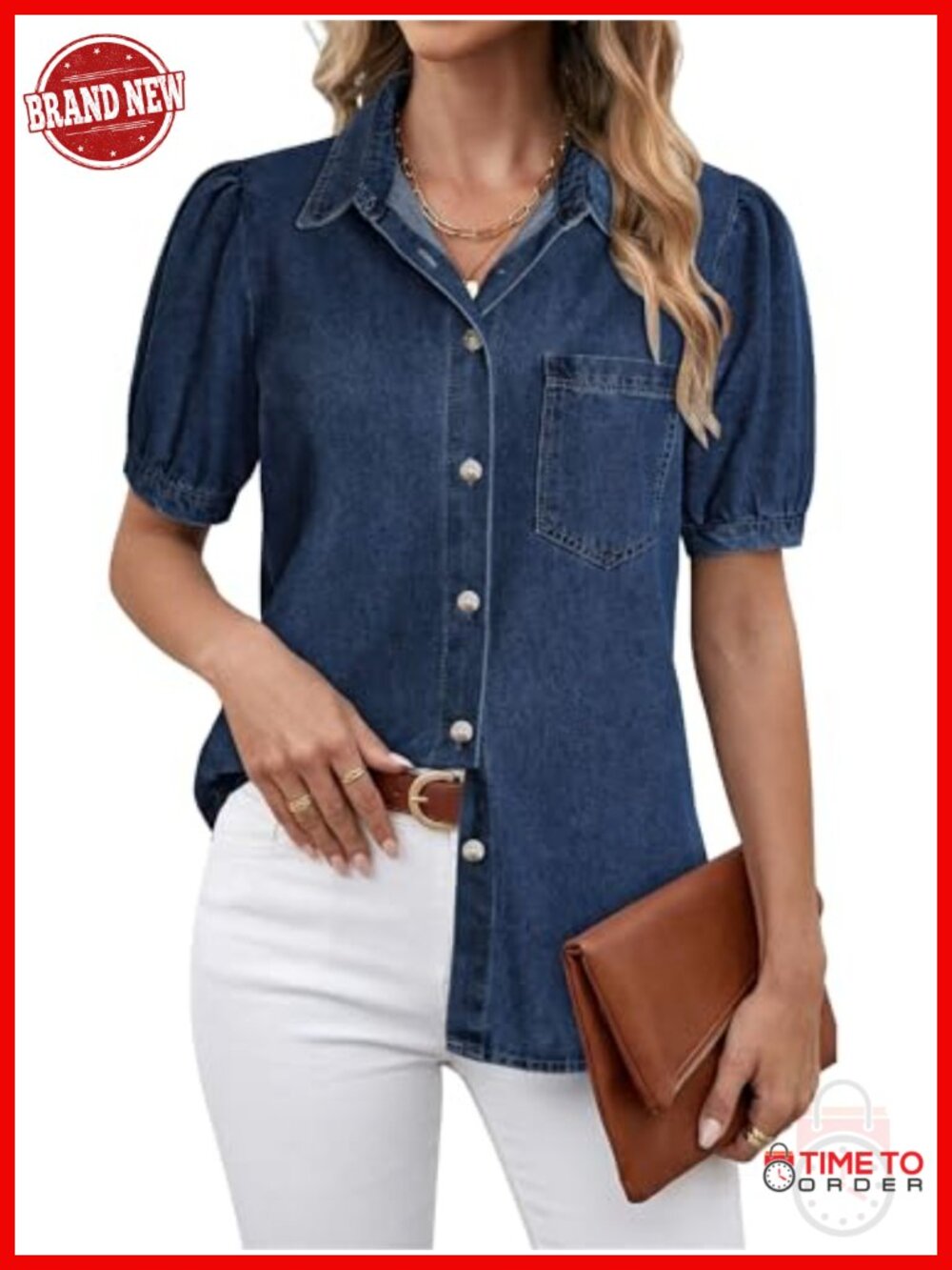 Button Down Denim Shirt Women Puff Sleeve Casual Business Work Blouse
